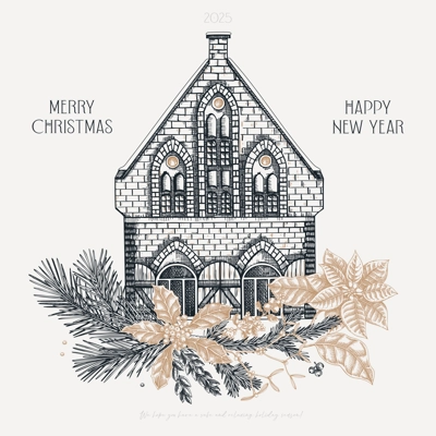Merry Christmas card design. Happy New Year template. Architecture sketch. Vintage house hand-drawn vector illustration. Floral art. NOT AI generated